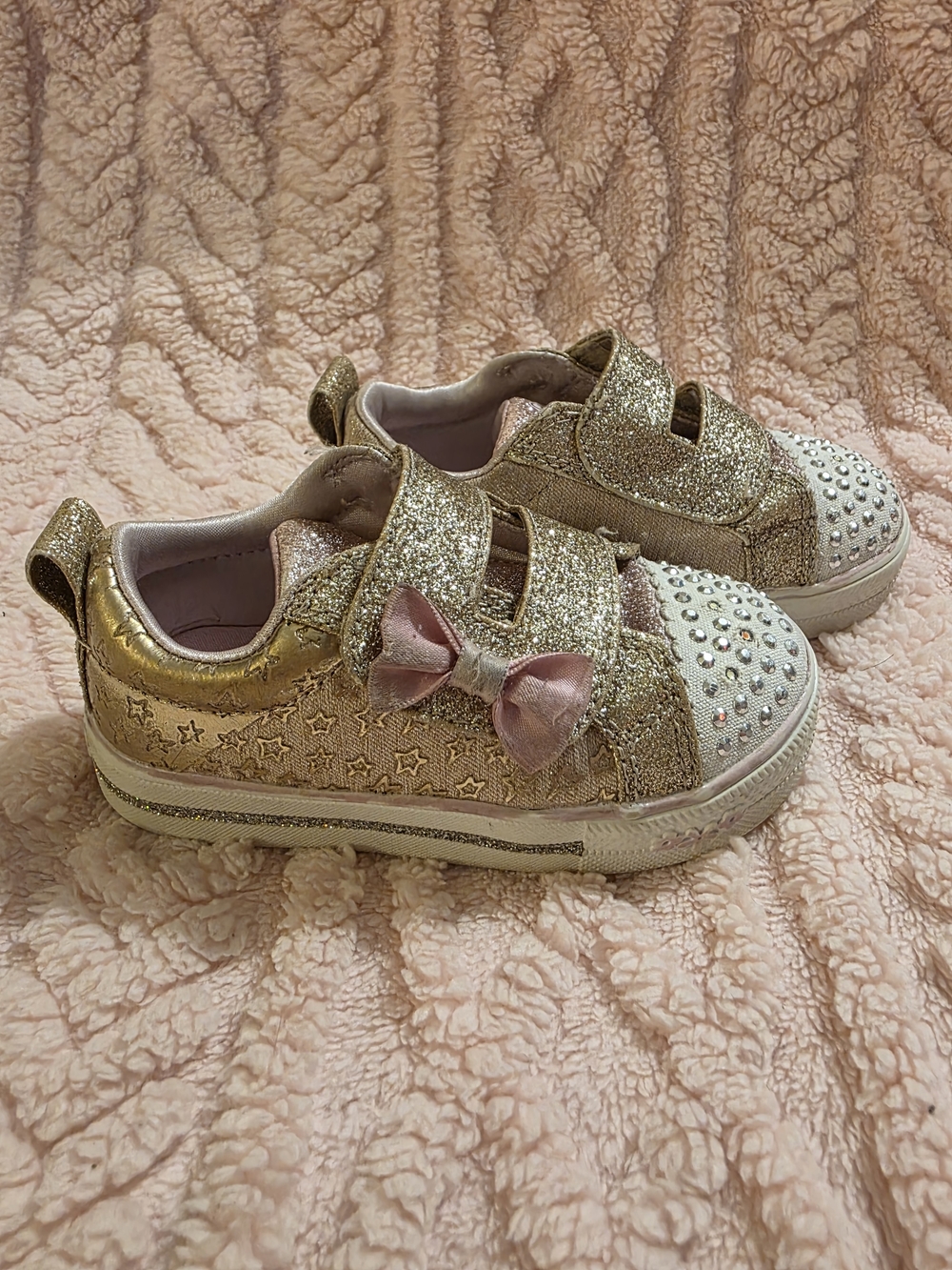 Skechers Crystal Stars Gold/Pink Glitter Sneakers with Bow